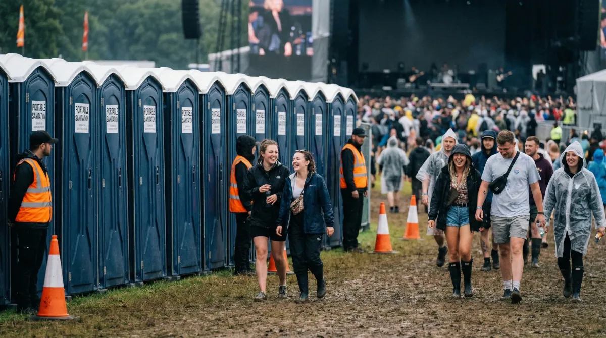 Portable restrooms set up at a construction site