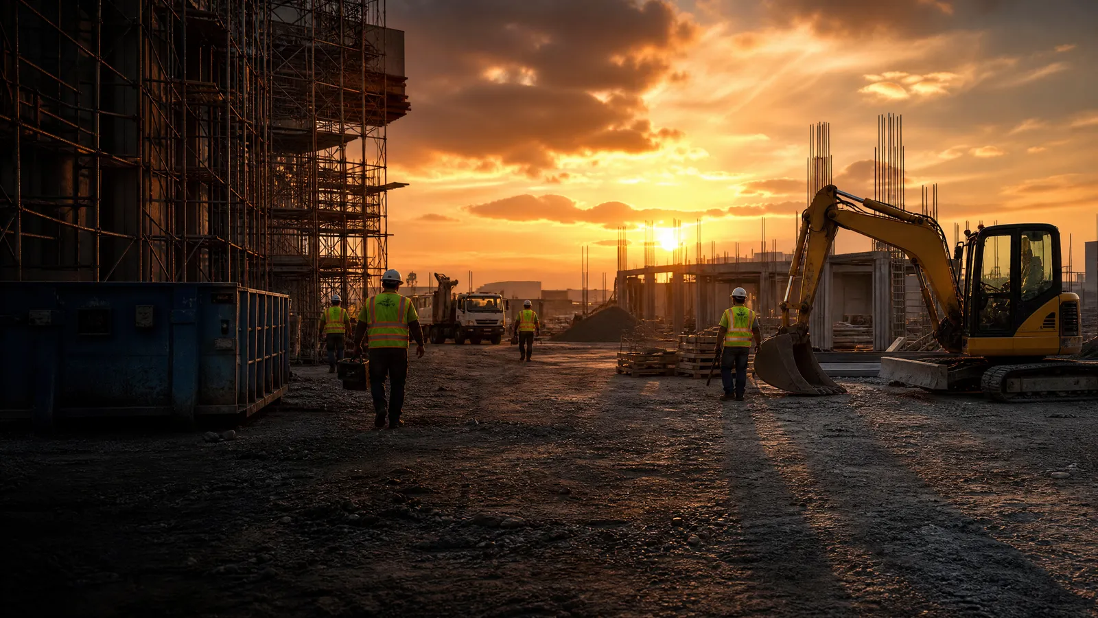A rental jobsite at golden hour