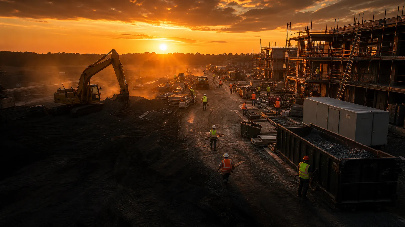 A rental jobsite at golden hour