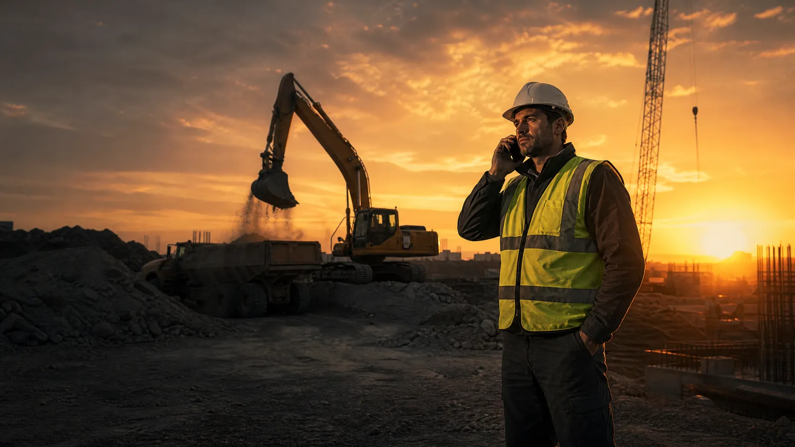 A rental jobsite at golden hour