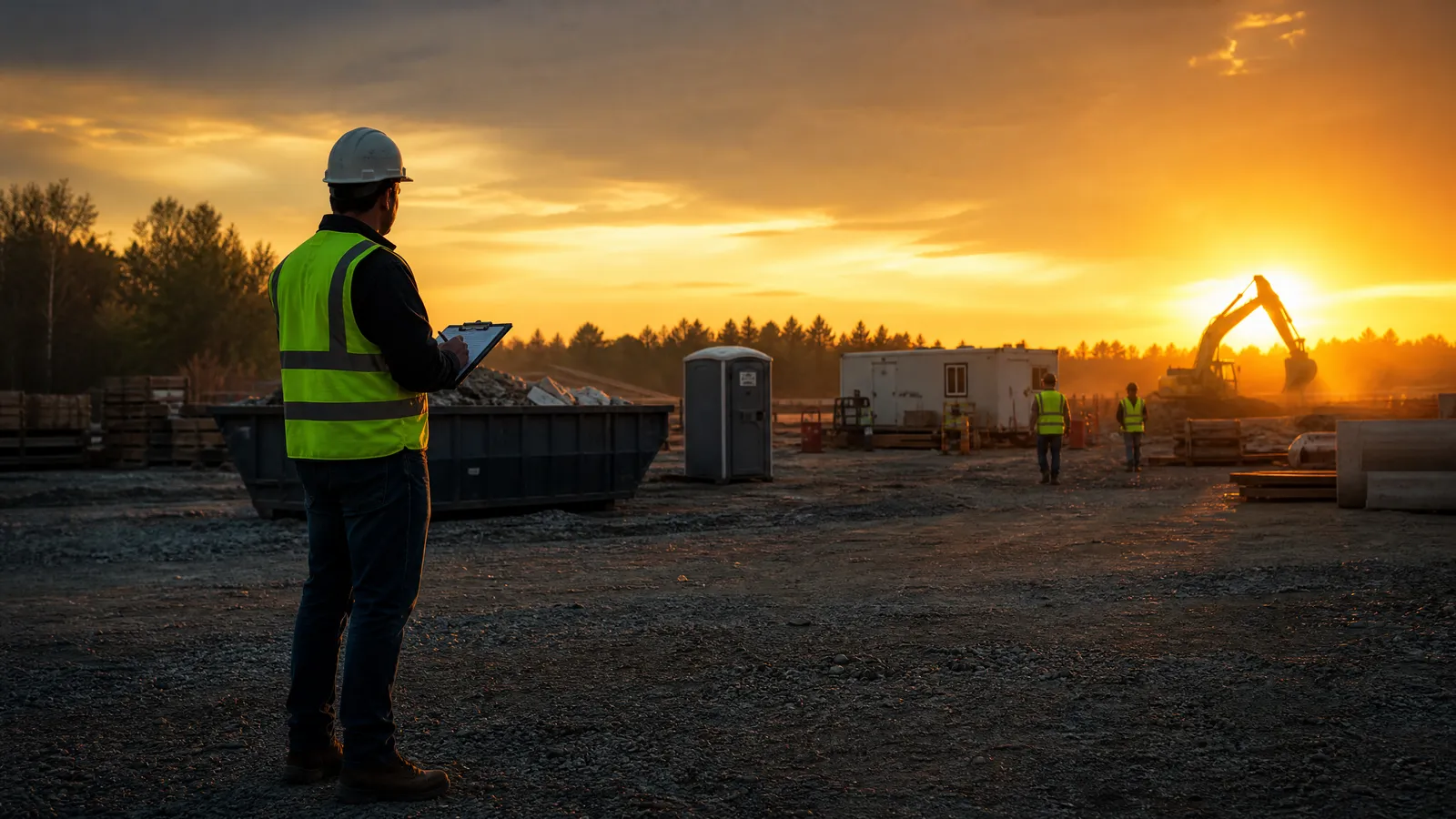 A rental jobsite at golden hour
