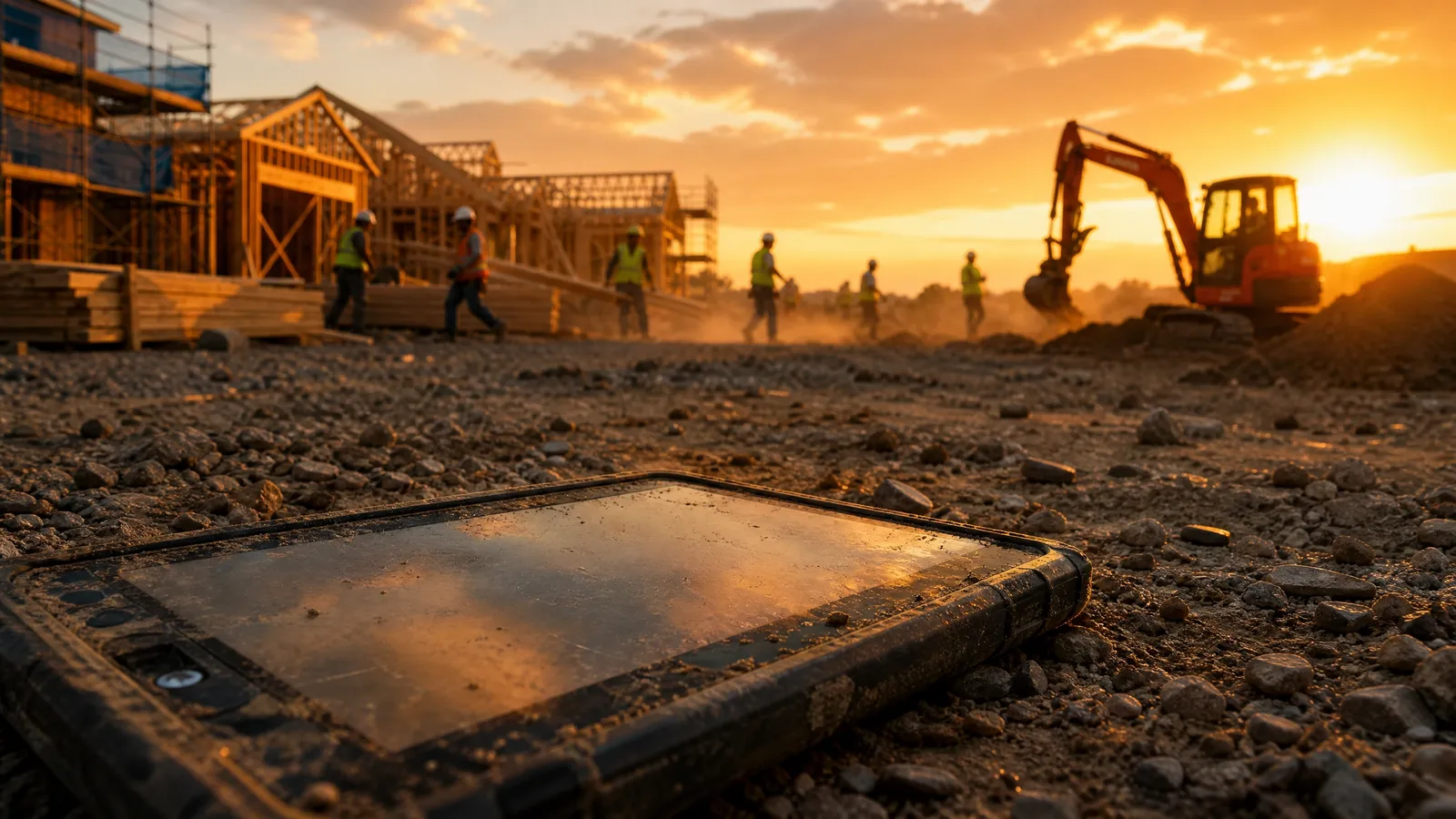 A rental jobsite at golden hour